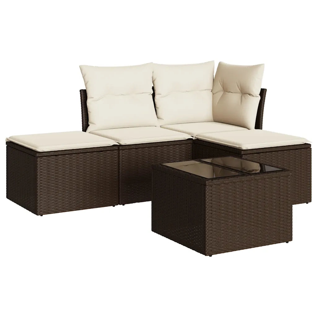Set Divano da Giardino 5 pz | Set Salotto da Giardino con Cuscini Marrone in Polyrattan