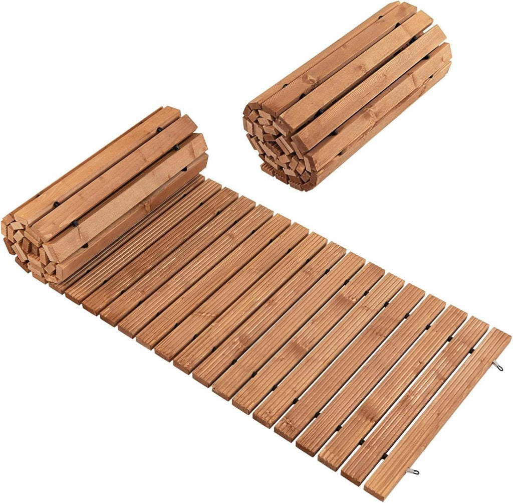 Passerella da Giardino Arrotolabile 245 cm, Sentiero da Prato in Legno di Abete con Cavi in Acciaio, Percorso da Prato Antiscivolo per Cortile e Spiaggia (Marrone, 245 x 43 cm)