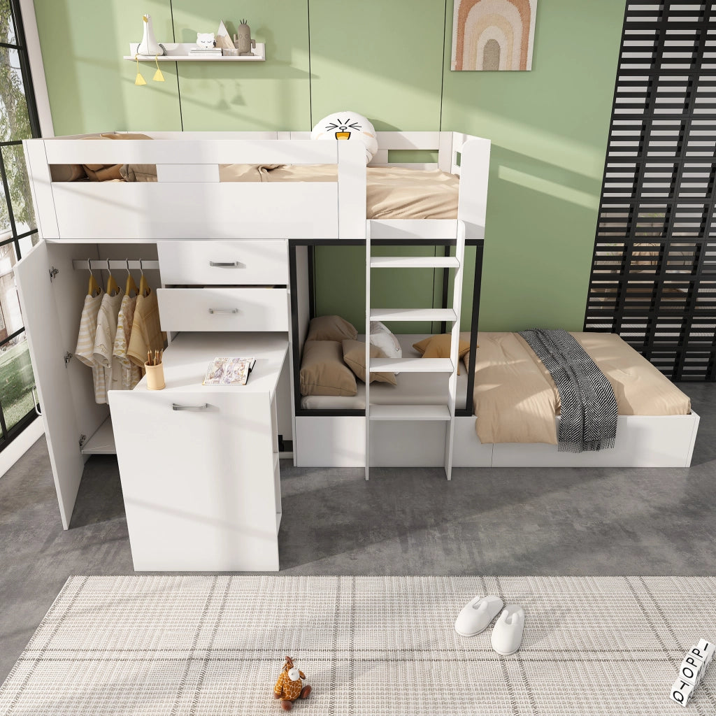 Letto a castello con scrivania estraibile e guardaroba in MDF 90x200 cm