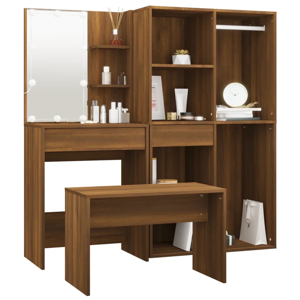 Set Tavolo da Toeletta con LED Rovere Marrone Legno Multistrato