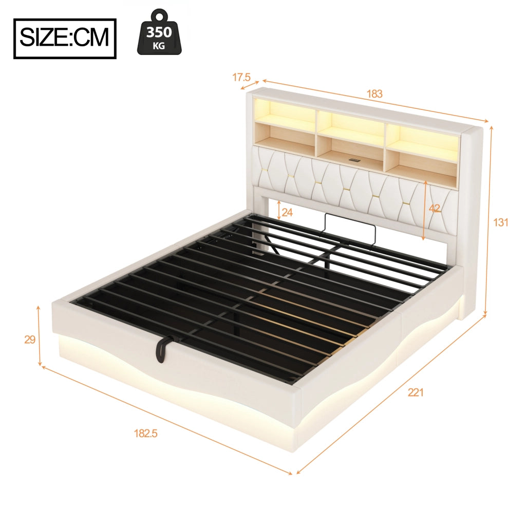 LETTO Contenitore 180x200 cm Beige in ferro con LED e USB