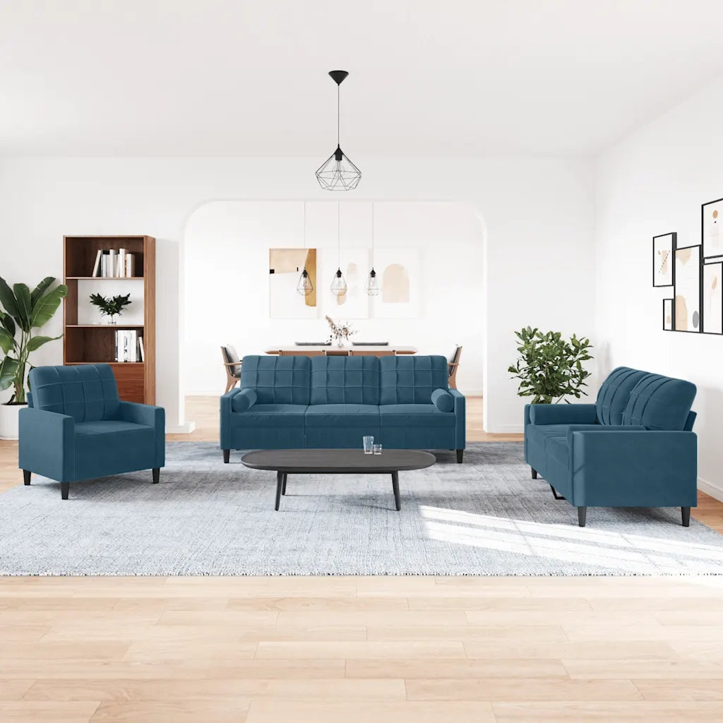 Set di Divani 3 pz con Cuscini e Rinforzi Blu in Velluto