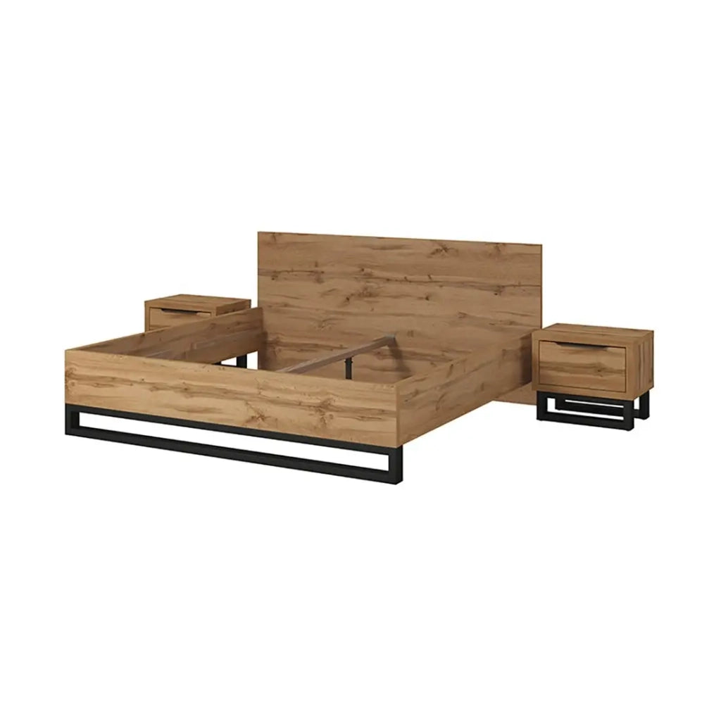 Set letto 160x200 e due comodini stile industriale - Collezione MILOS. Colori quercia grezza e nero. Rete inclusa
