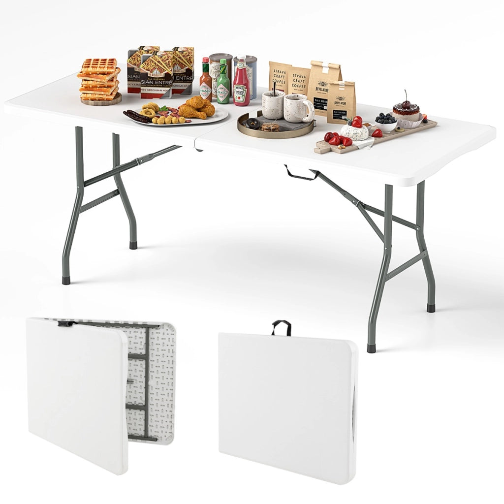 Tavolo pieghevole portatile da 180 cm per esterni con maniglia, Tavolo pieghevole a met¨¤ con capacit¨¤ di 160 kg e piano in HDPE Bianco