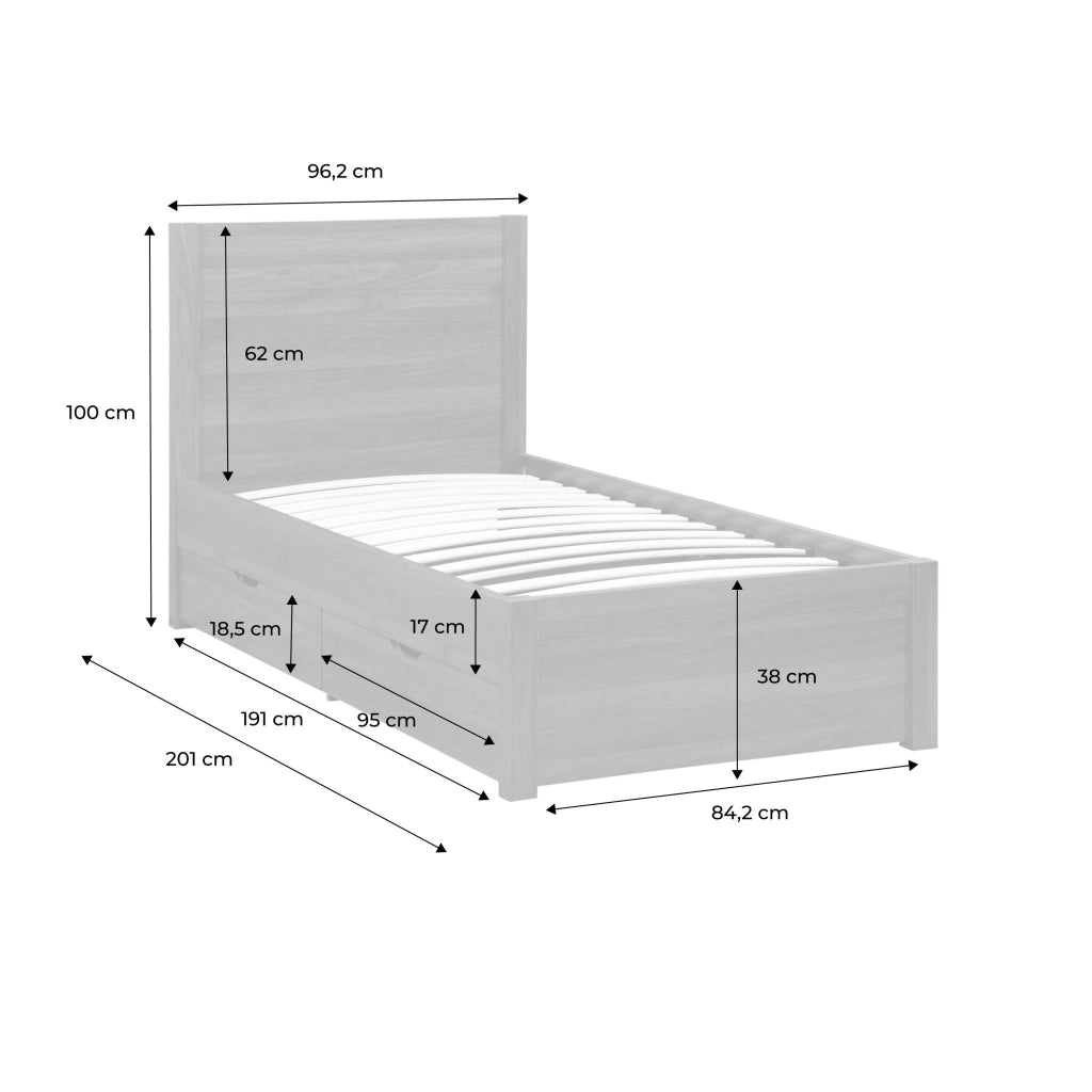 Letto con rete a doghe e testiera 90x190cm + 4 cassetti, noce