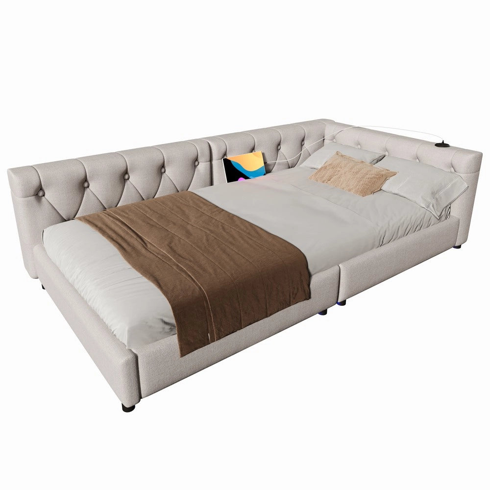 Letto Diurno Imbottito con LED ¨C MINIMAL ¨C Lino Beige 90x200