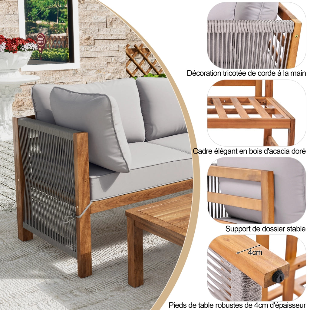 Set lounge da giardino 3 pezzi in legno grigio con cuscini sfoderabili e sedute in corda