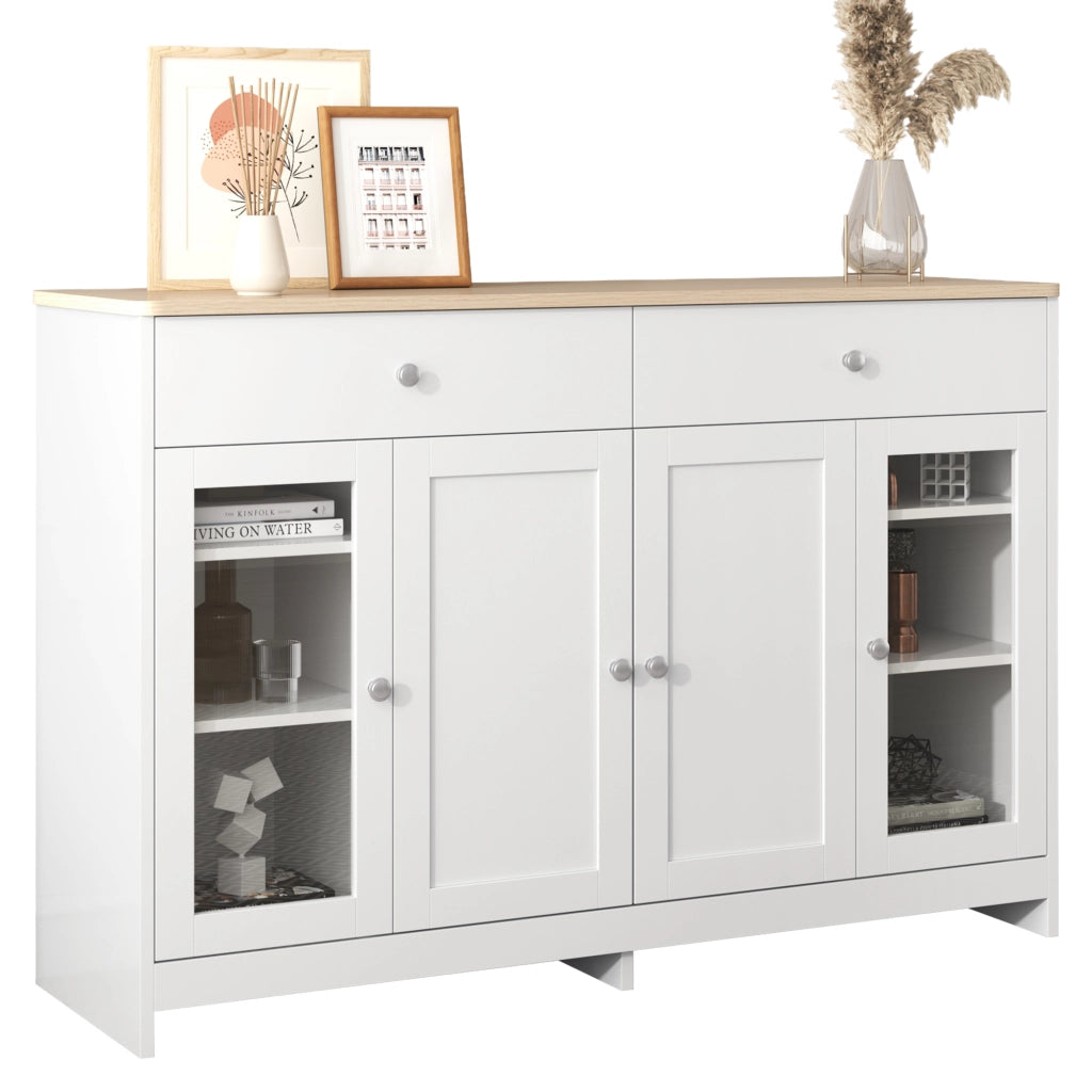 Credenza 4 Ante con Vetro e 2 Cassetti ¨C MINIMAL ¨C Legno e Bianco