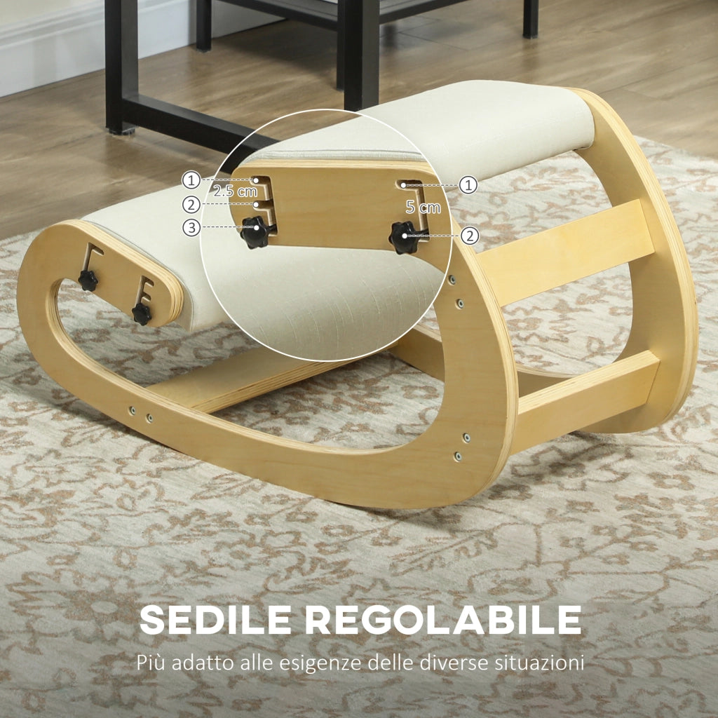 Sedia Inginocchiatoio Regolabile in 6 Posizioni 55x85x55 cm in Tessuto Effetto Lino e Legno di Betulla Crema