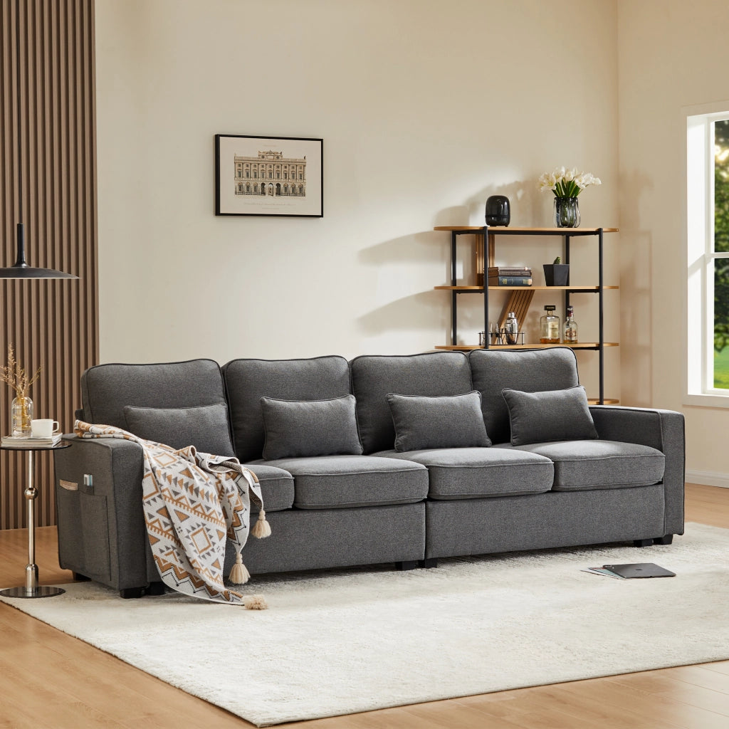 Divano 4 Posti in Tessuto con Braccioli e Cuscini ¨C MINIMAL ¨C Beige/Grigio/Verde