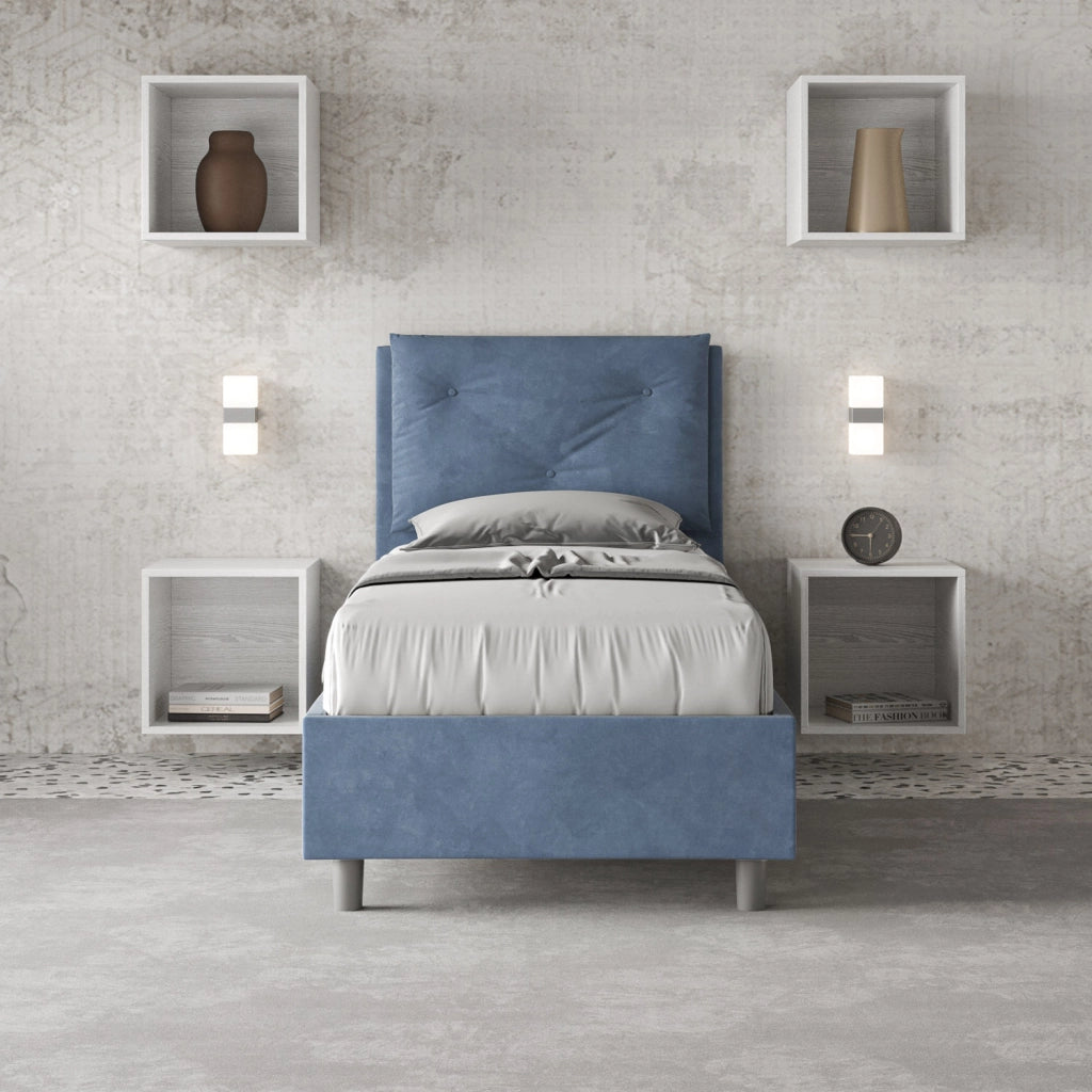 BS COM Letto singolo contenitore imbottito 80x190 microfibra blu