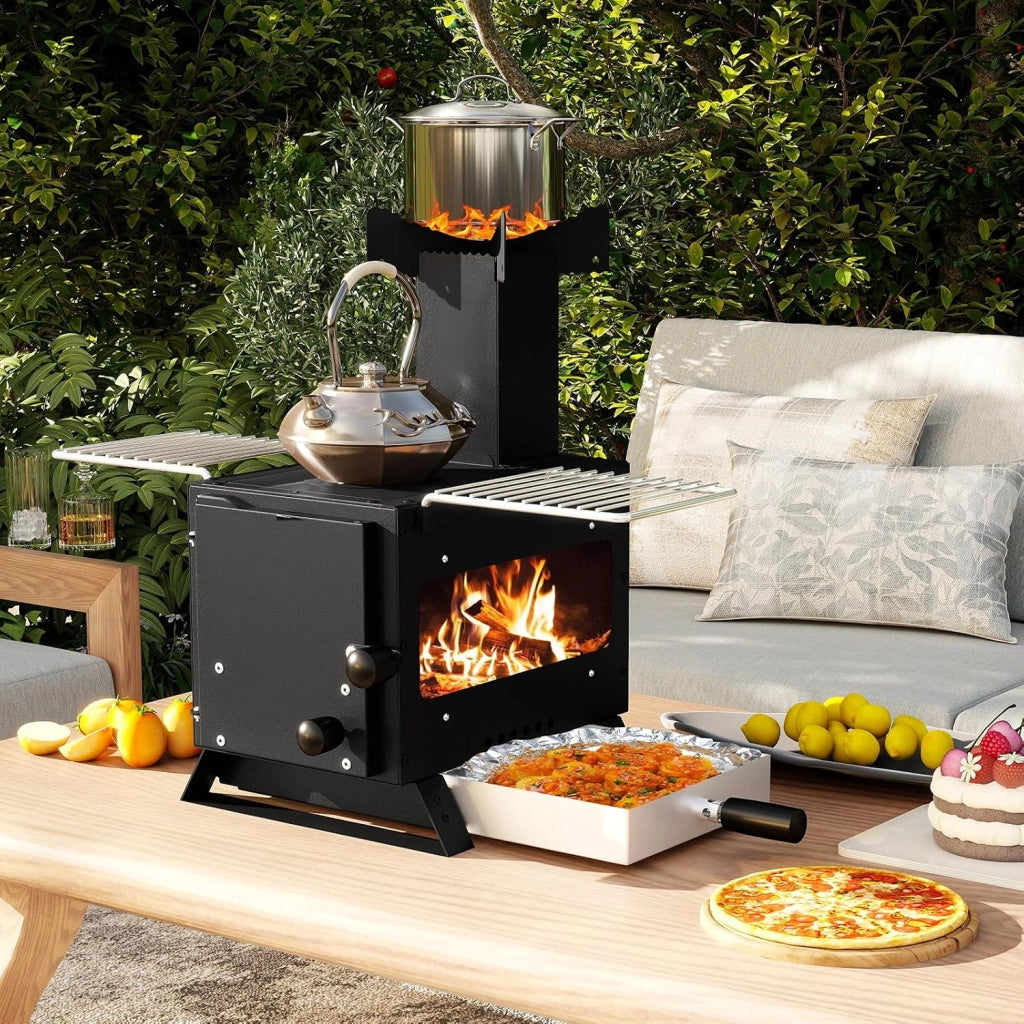 Stufa a legna da tavolo, mini stufa campeggio con griglia pentole, vassoio forno, 2 griglie, forno campeggio finestra vetro barbecue pic-nic