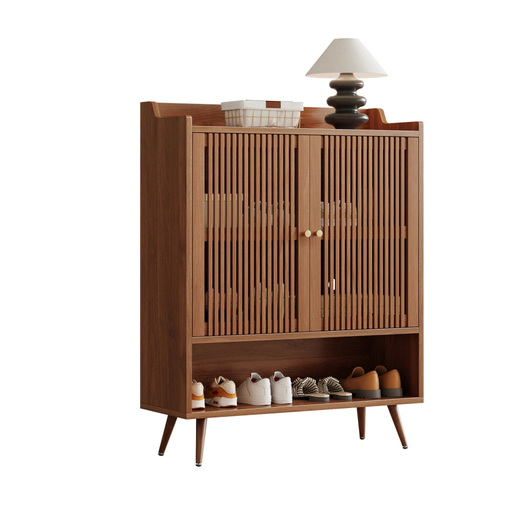 Scarpiera con 2 ante e vano aperto; ripiano fisso - per ingresso - in MDF e metallo - 80×35×105 cm - noce