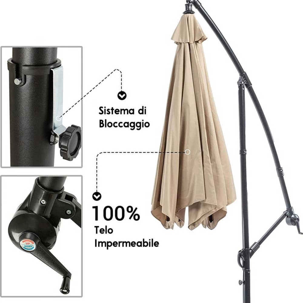 Trade Shop - Ombrellone Giardino Decentrato 3x3 Con Pendente Palo Alluminio Gazebo Antivento - Verde