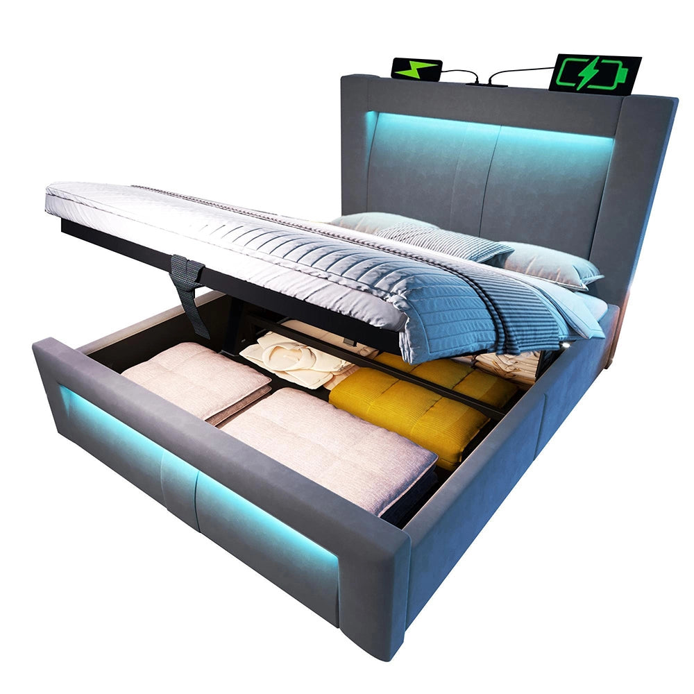 Letto-Xylo-90x200cm idraulico LED USB-C velluto testiera curva grigio