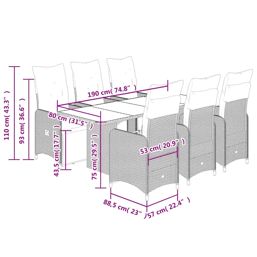 Set Bistrò da Giardino 7 pz con Cuscini in Polyrattan Marrone