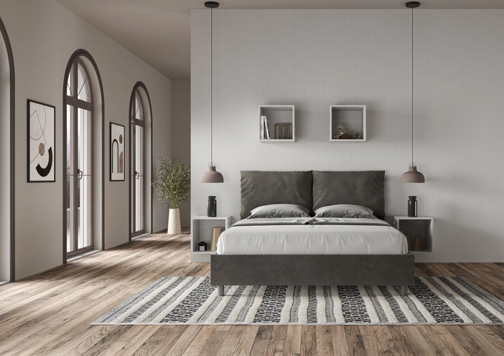 BS COM Letto queen size con rete imbottito 150x200 microfibra grigio