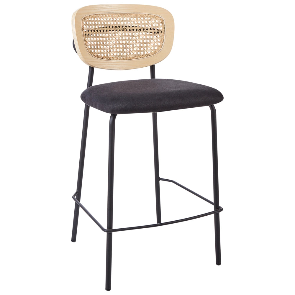 Set di 2 sedie da bar Rivestimento in poliestere nero Schienale in rattan naturale a treccia viennese Gambe in metallo nero Sgabelli senza braccioli