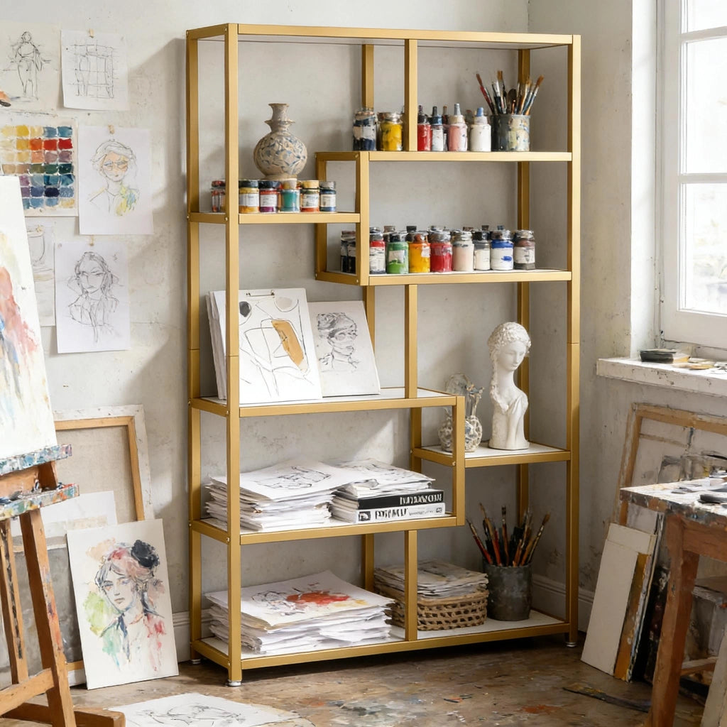 LIBRERIA a 8 ripiani 180x100x20 cm Metallo Oro e Bianco effetto marmo
