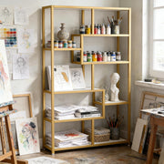 LIBRERIA a 8 ripiani 180x100x20 cm Metallo Oro e Bianco effetto marmo