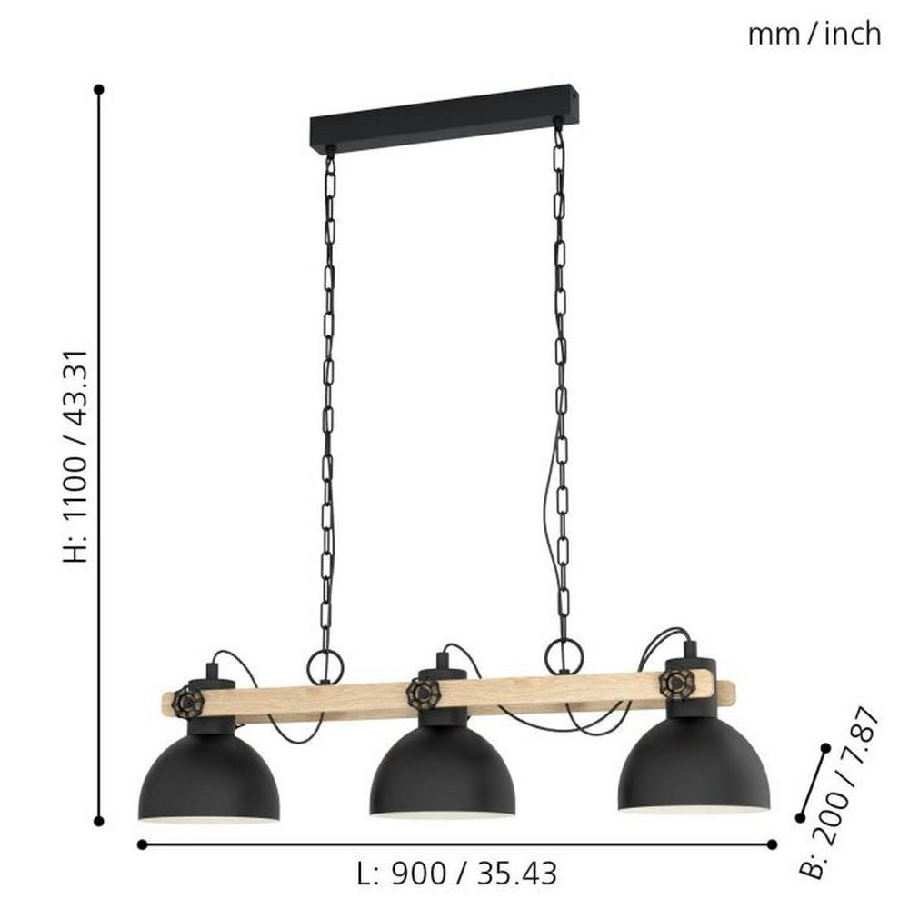 Lampada a Sospensione in Legno 3 Luci Nera Lubenham Eglo