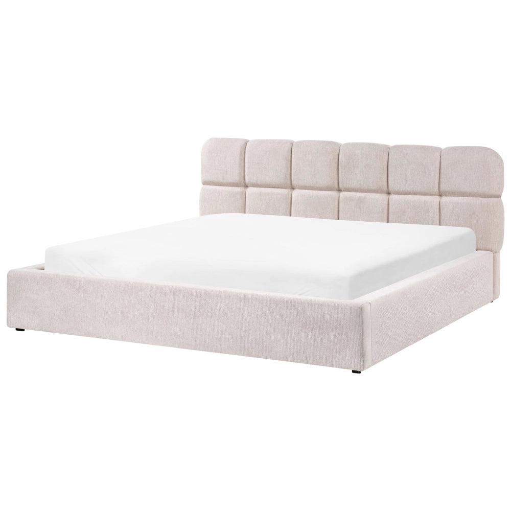 Letto 180 x 200 cm in tessuto beige chiaro, struttura imbottita, testiera con motivo a biscotto e contenitore