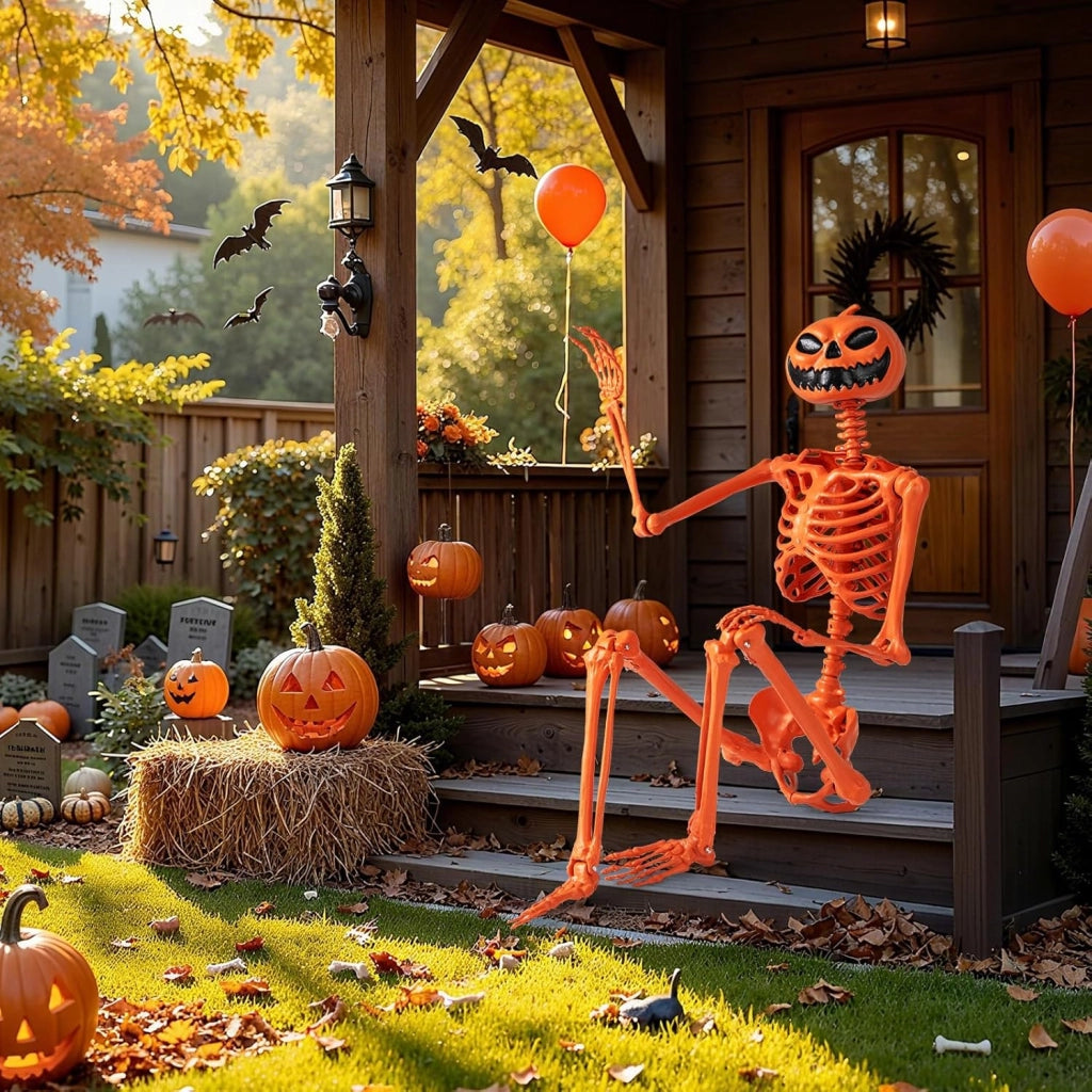COSTWAY Scheletro di Halloween Arancione 158 CM, Scheletro a Grandezza Naturale con Testa di Zucca e Articolazioni Mobili per Decorazioni da Interno ed Esterno, Casa Infestata e Festa