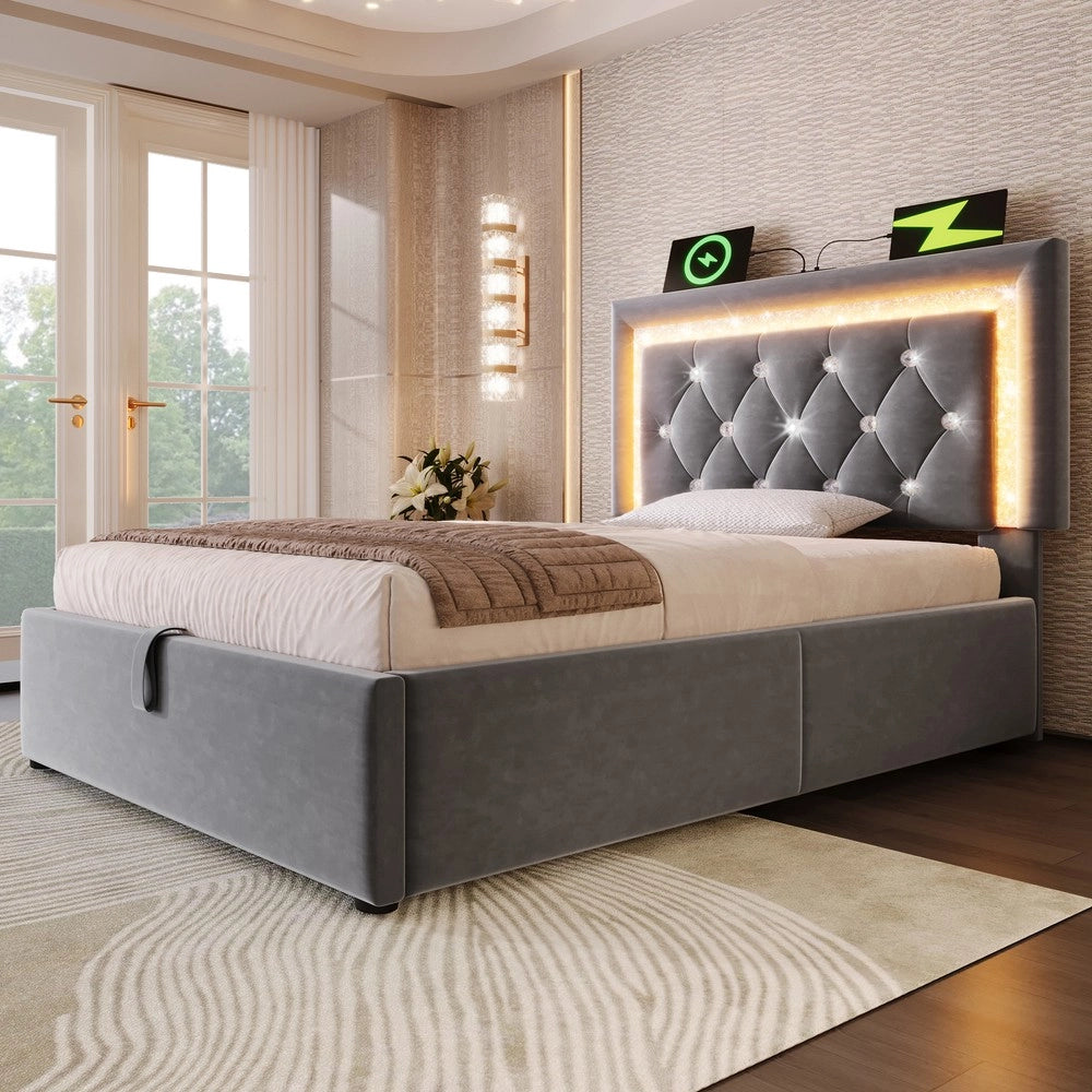 Letto Imbottito Singolo con Contenitore Idraulico e LED ¨C MINIMAL ¨C Velluto Grigio 90x200