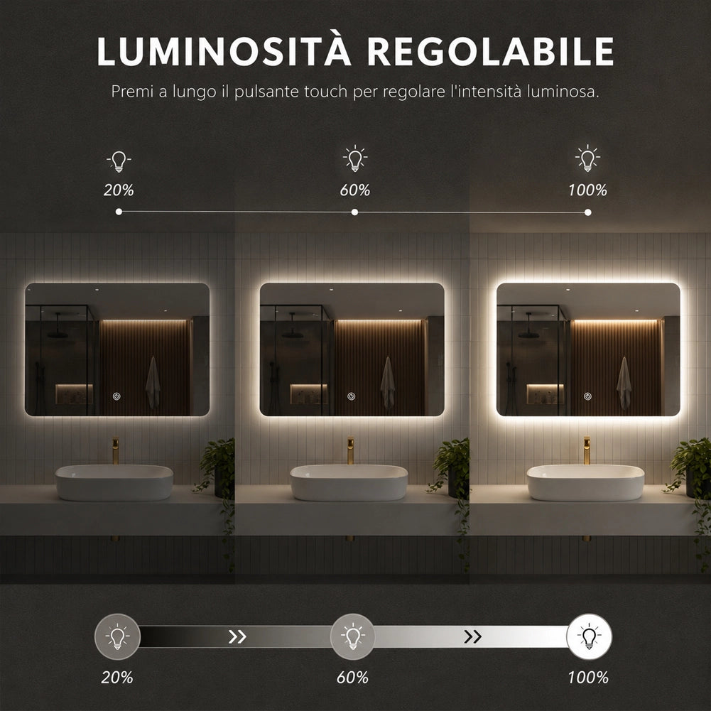 Specchio Led Rettangolare con Led 3 Colori Dimmerabile 70x50 cm Pulsante Touch