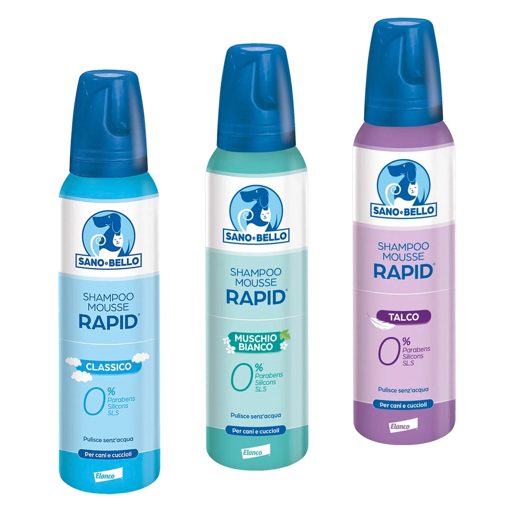 SHAMPOO MOUSSE PER CANE E CUCCIOLI 'RAPID' profumazione al talco  - SANO E BELLO