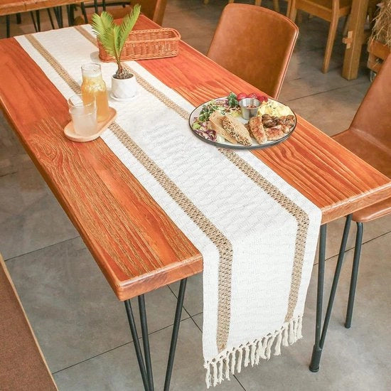 Tavolo da pranzo in macramé, beige, 30 x 160 cm