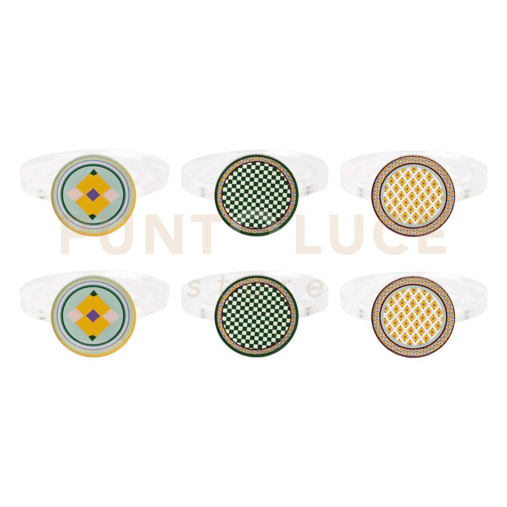 KIT ALLACCIA 6 ANELLI FERMA TOVAGLIOLI TONDO IN CRISTALLO ACRILICO DECORATO RAINBOW