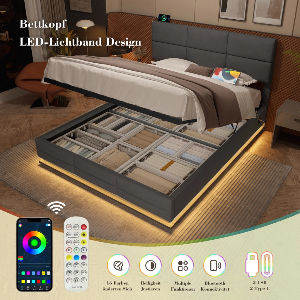 Letto Matrimoniale 180x200 cm con LED; USB; Type-C e contenitore; testiera regolabile