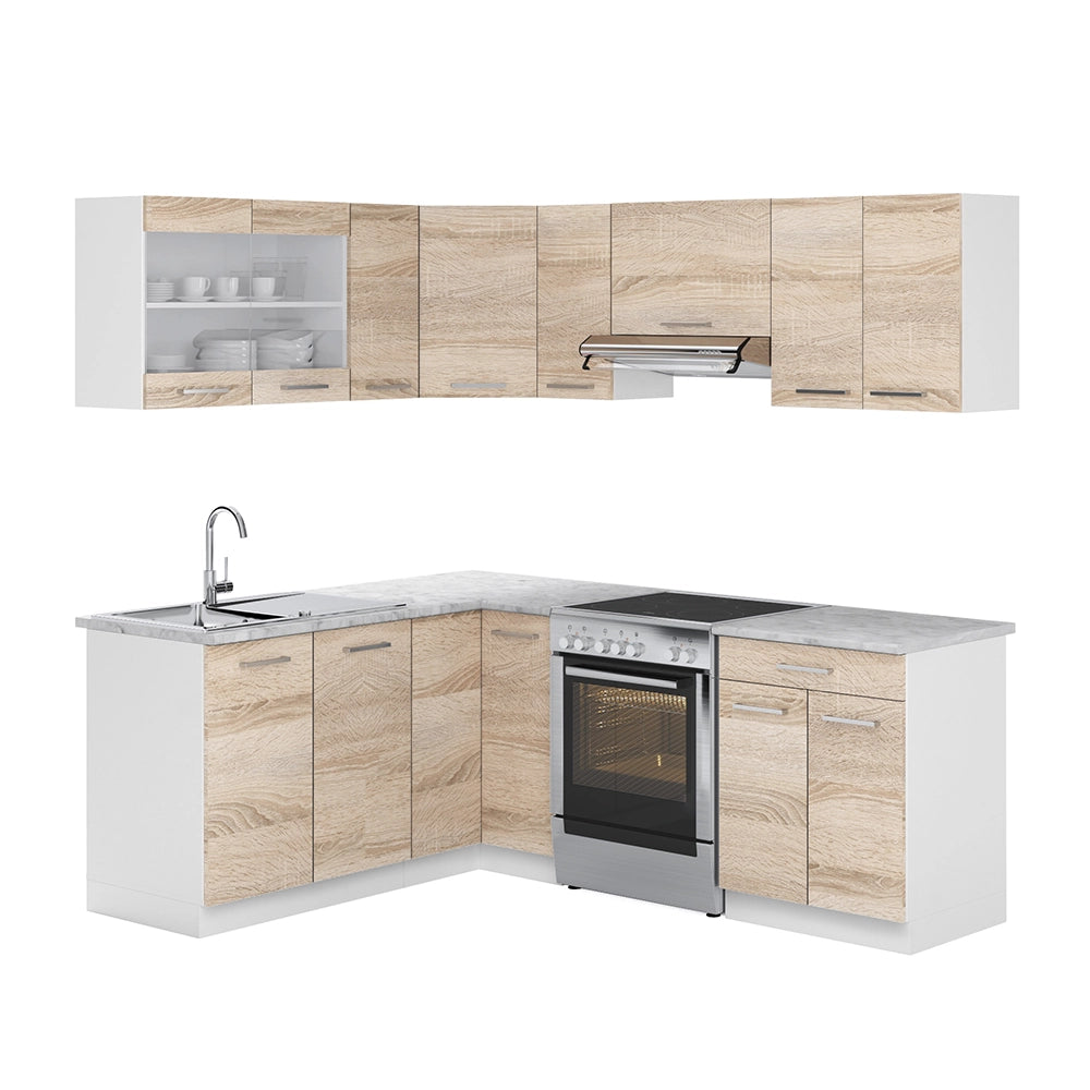 Cucina ad angolo Rick Sonoma/Bianco 207 x 167 cm, PL Marmo con striscia LED Vicco