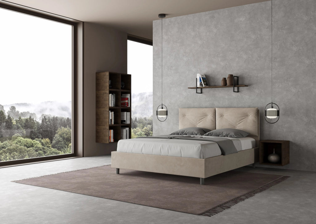 BS COM Letto matrimoniale senza rete imbottito 160x200 microfibra sabbia