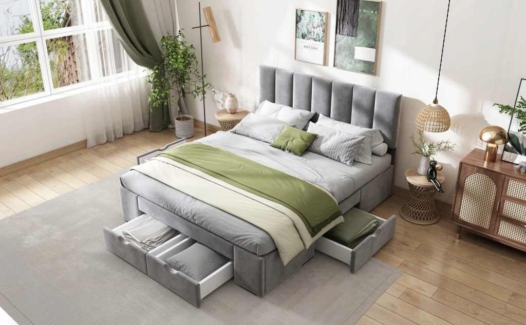 Letto 140x200cm - Xylo - Velluto, 4 cassetti, struttura, grigio