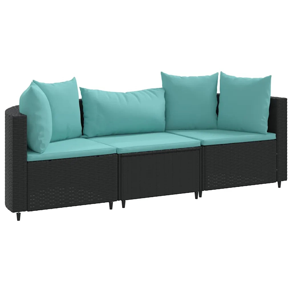 Set Divani da Giardino 3 pz con Cuscini in Polyrattan Nero