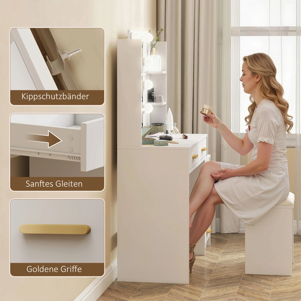 Scrivania Trucco con Specchio Illuminato e Sgabello Imbottito ¨C Minimal ¨C Bianco 6 Cassetti