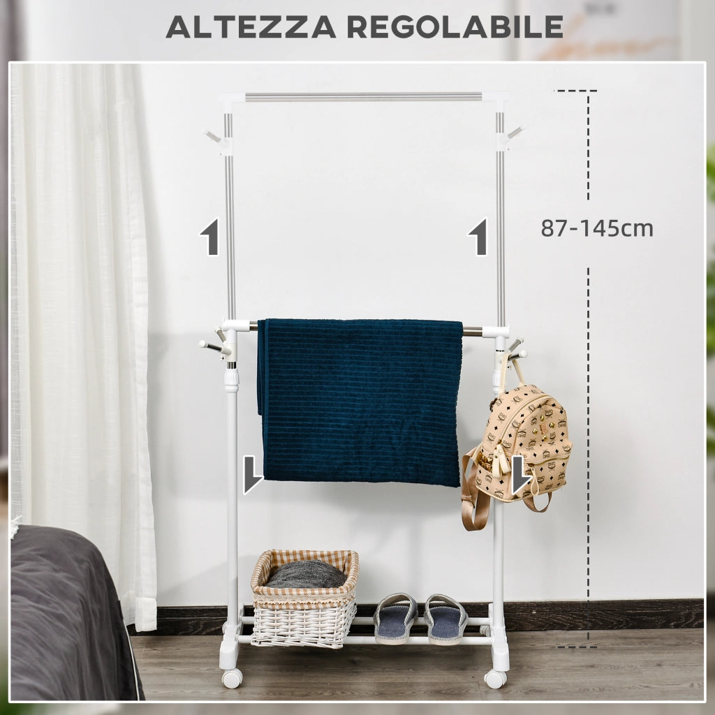EasyComfort Appendiabiti Stender ad Altezza Regolabile con Fondo Portaoggetti e 4 Ruote, 68.5x42x87-145 cm