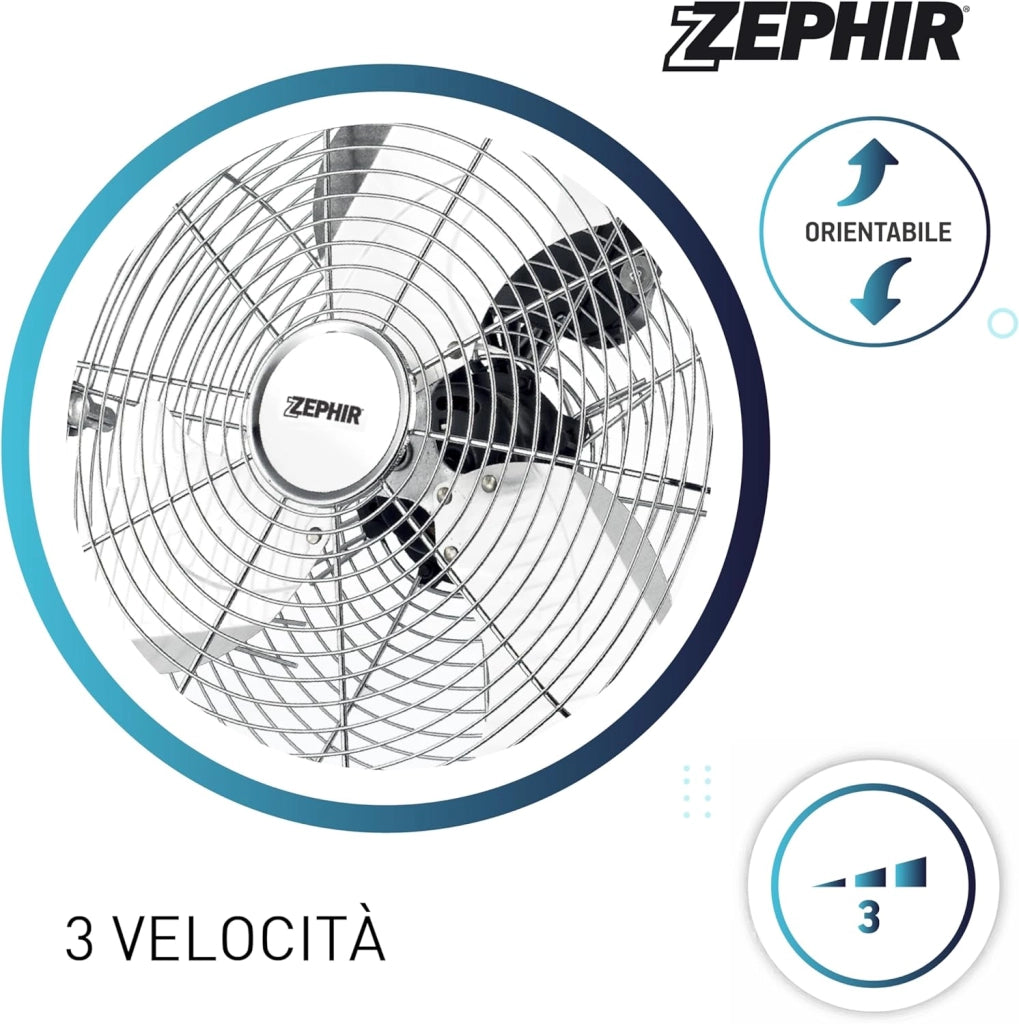 Zephir, Ventilatore Industriale da Pavimento, Alta Velocità, Acciaio Cromato, Pala 35cm, Inclinazione regolabile, Potenza 70W