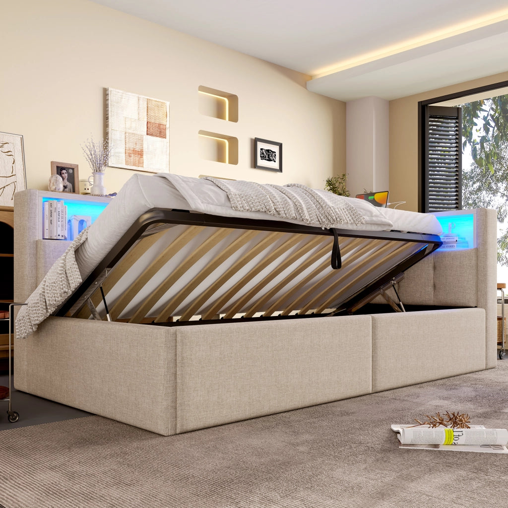 LETTO DAYBED 90x200 cm in lino beige con LED, USB e vano contenitore