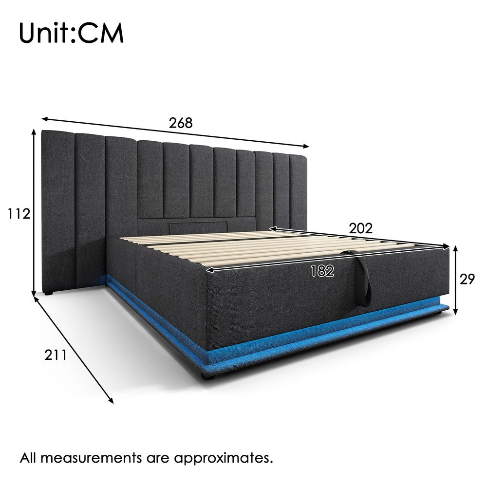 Letto Imbottito Contenitore Matrimoniale con LED e USB ¨C MINIMAL ¨C Tessuto Grigio 180x200