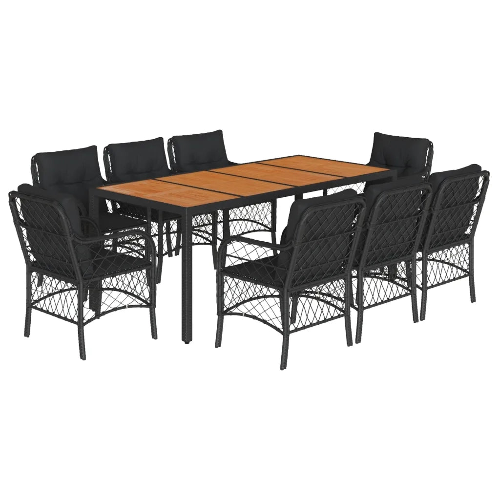 Set da Pranzo da Giardino 9 pz con Cuscini Nero in Polyrattan