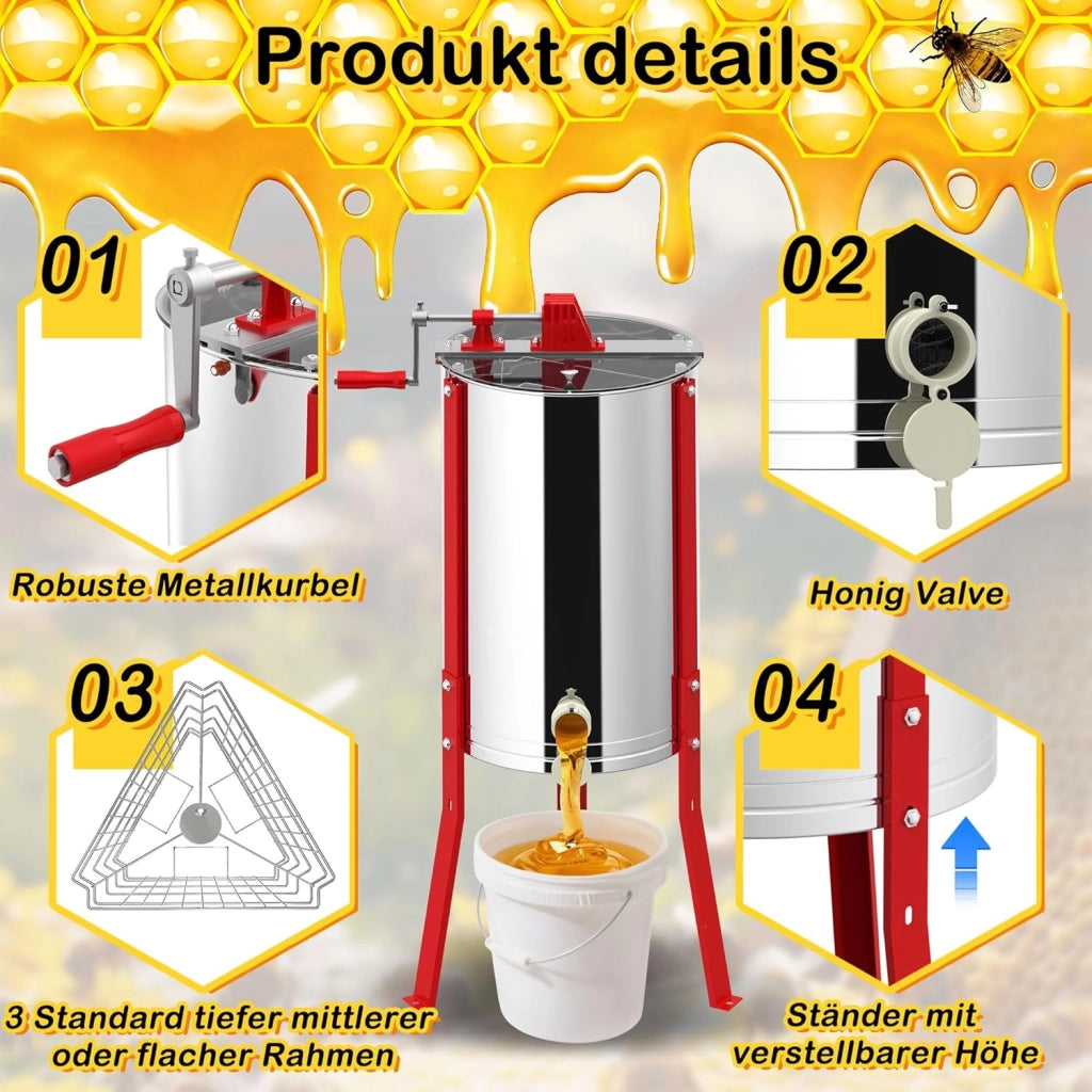 Fionda di miele manuale a 3 favi in acciaio inox centrifuga tangenziale estrattore di miele con coperchio, azionamento manuale e gambe regolabili centrifuga miele accessori universali per