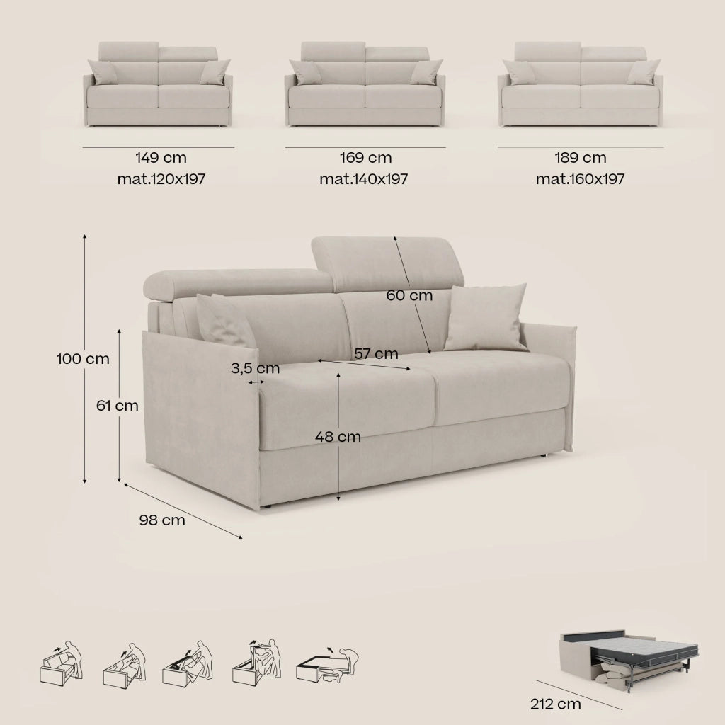 Miryam Divano letto con poggiatesta reclinabili e comfort maxi - design compatto in morbido tessuto smacchiabile T31 169 cm bianco