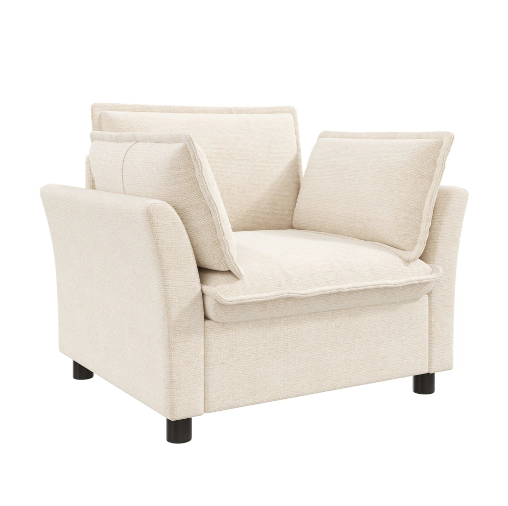 Poltrona singola 90x81x87 cm in chenille beige con braccioli curvi e 2 cuscini