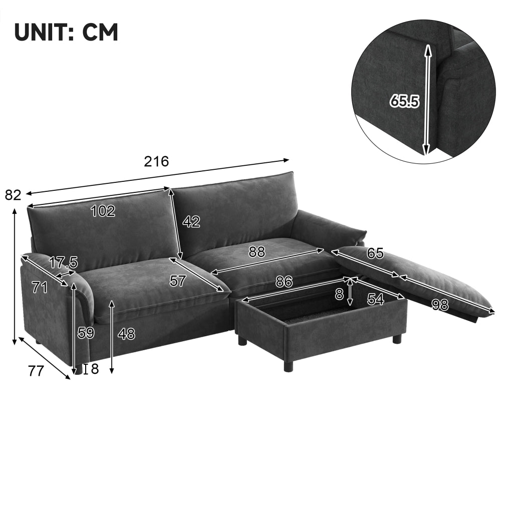 DIVANO Angolare Modulare 216 cm in Chenille Nero con 1 poggiapiedi