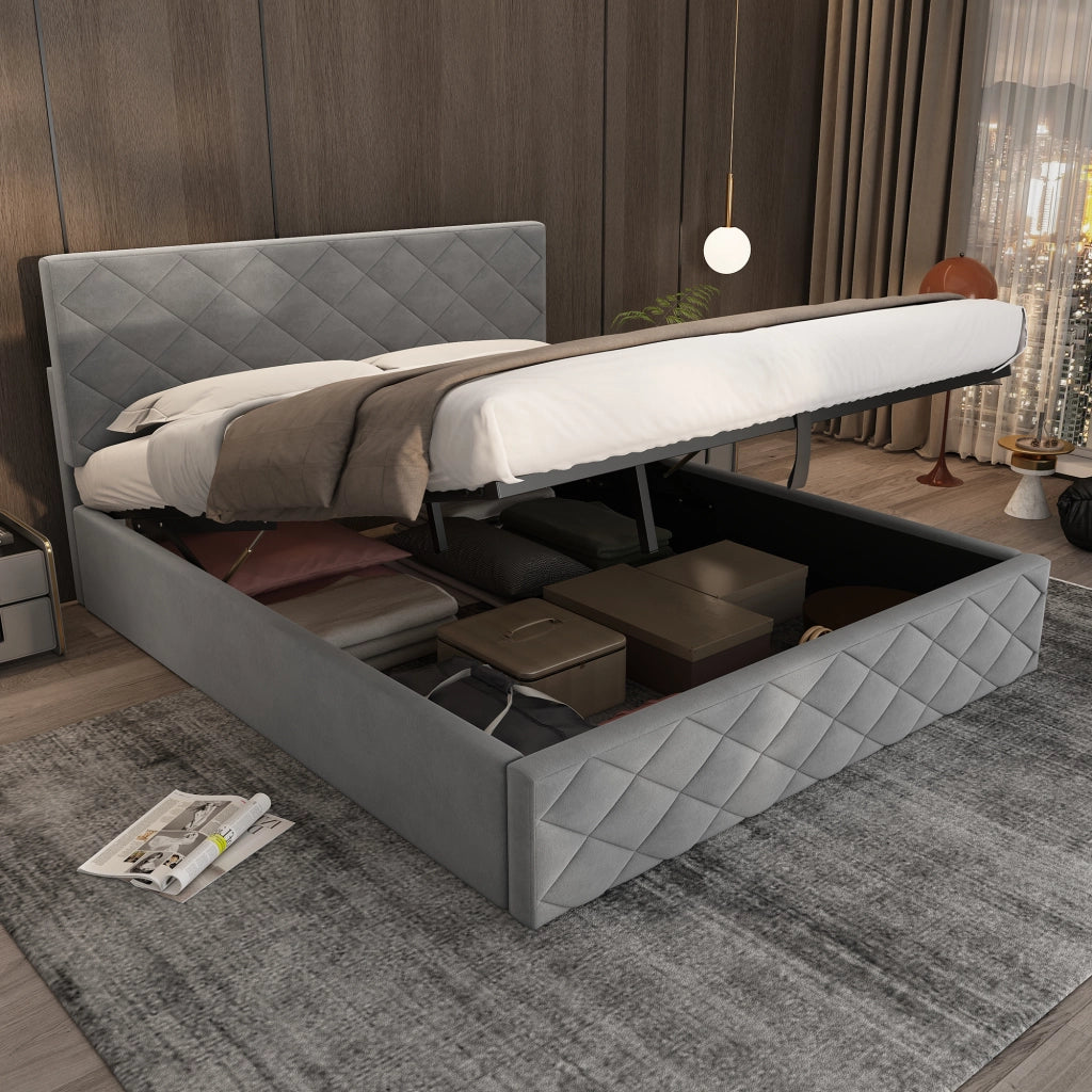 Letto Contenitore Imbottito con Rete a Doghe e Idraulico ¨C MINIMAL ¨C Grigio 140x200