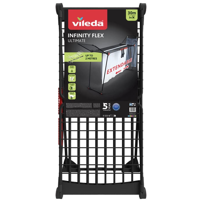 Vileda IF-ULT-BK Infinity Flex Ultimate Stendibiancheria Estensibile 30 m 35 Kg Acciaio con Ruote e Porta Calzini colore Nero