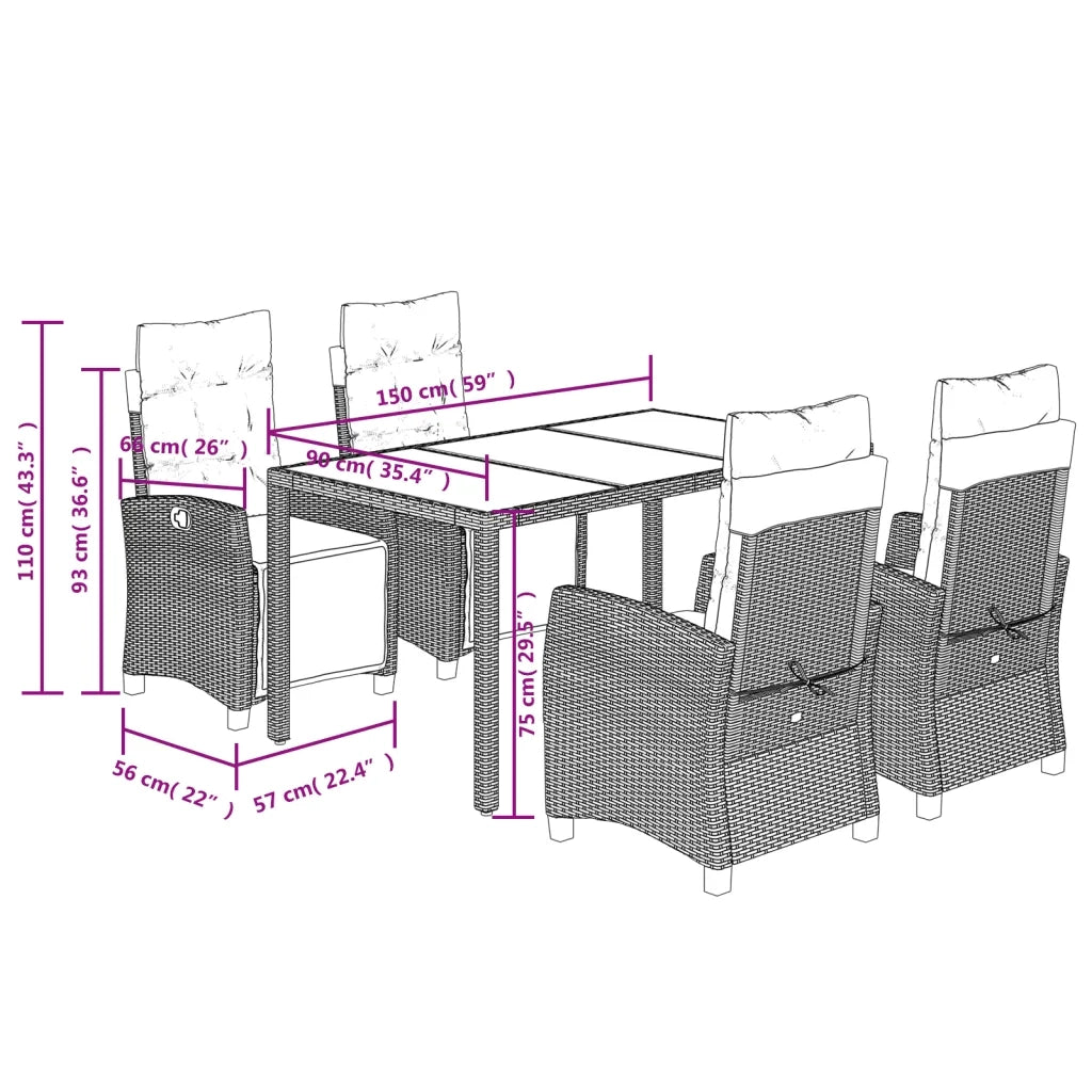 Set da Pranzo da Giardino 5 pz Nero con Cuscini in Polyrattan 3212908